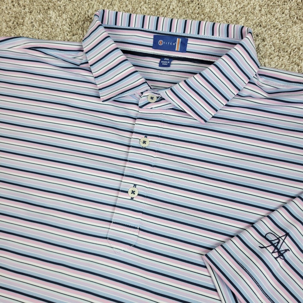 Stitch Mens 2XL Blue Red White Striped Performance Stretch Golf Polo SS